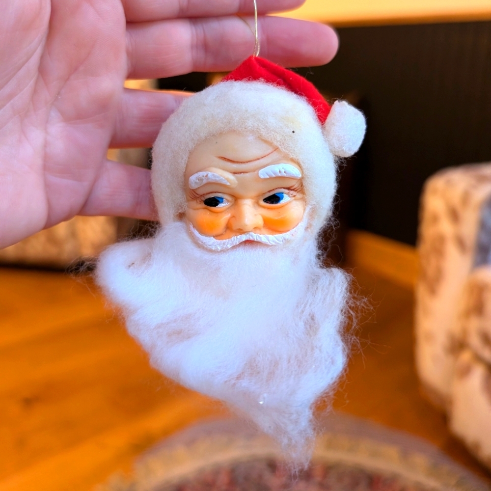 Vintage Santa Rubber Face Head Christmas Ornament Spun Cotton